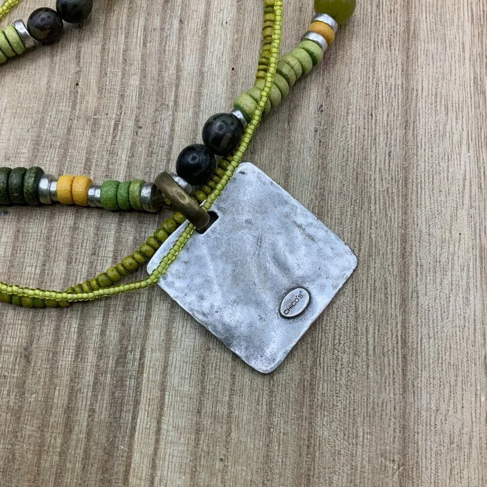 Chico's Green Tone Wooden BOHO Glass Beads Silver Tone Pendant Necklace - Picture 6 of 9